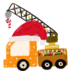 Cute christmas xmas construction site crane truck vehicles transportation doodle hand drawn kids crayon watercolor illustration sticker clipart