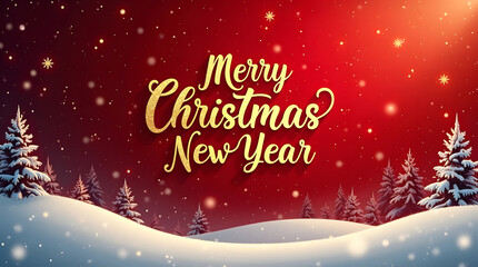 Christmas and New Year greeting with snowy landscape, gold text, deep red background, falling snow, gold sparkles.
