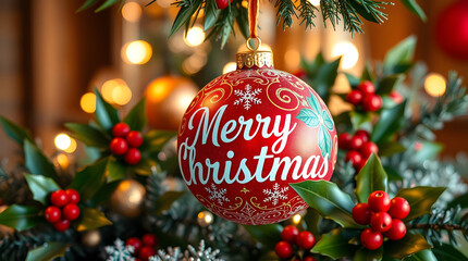Close-up Christmas ornament on holly branch with red berries, “Merry Christmas” script, golden bokeh background.
