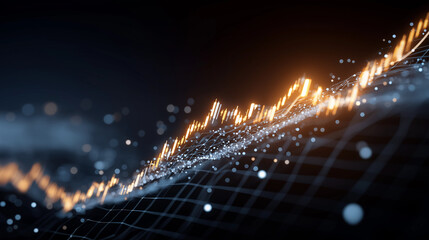 Financial Waves: a dynamic visualization of financial trends, showcasing the fluctuations of the market, with an illuminated line graph symbolizing growth, and upward movement, business success.