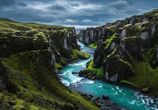 Dramatic Fja?r?rglj?fur Canyon Iceland with Turquoise River Flowing Through Lush Green Mossy Cliffs Under a Cloudy Sky.