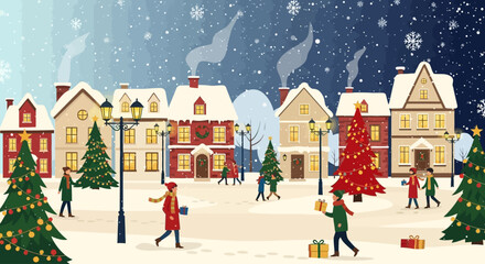 Festive Christmas town scene with snowy houses, Christmas trees, and people exchanging gifts, creating a cozy holiday atmosphere for seasonal projects