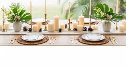 An elegant table setting featuring candles floral arrangements place settings and pine cones