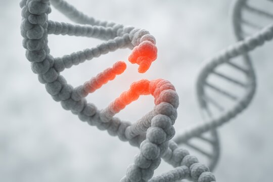 Closeup of a damaged DNA double helix strand with glowing red break point highlighting genetic mutation or gene editing on a soft background. Ai generative
