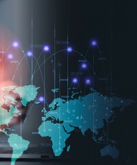 Global network connections and data flow across the world map © Monica