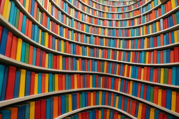 Colorful curved bookshelf filled with multicolored books arranged in a wave-like pattern viewed from below in a surreal educational concept library setting. Ai generative