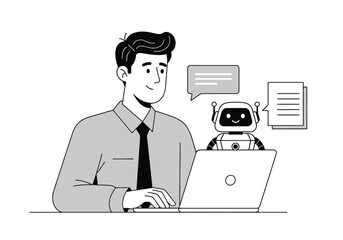 Man and robot collaborating on a laptop with chat bubbles