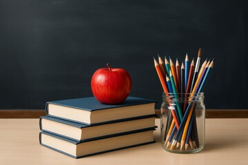 Stack of books with red apple and jar of colored pencils on desk in front of blackboard, symbolizing education and learning concept in classroom setting. Ai generative