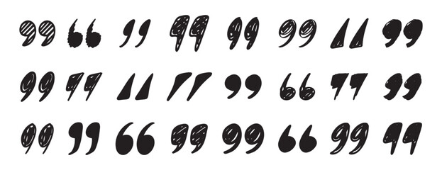 quotation mark doodle testured hand drawn icon set. quotation mark drawing line clipart symbol collection