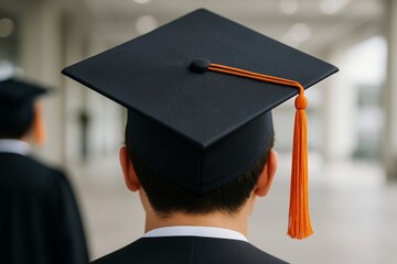 Close-up of graduate in cap and gown from behind with orange tassel and blurred background, symbolizing education, success and academic achievement. Ai generative