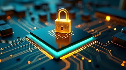 Cybersecurity concept with golden padlock on digital microchip, secure data protection and encryption technology, electronic circuit background, online privacy, cyber defense and computer safety