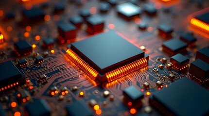 Futuristic computer processor with glowing orange circuits, advanced electronic microchip technology background, high-performance hardware innovation, digital data processing and cyber system
