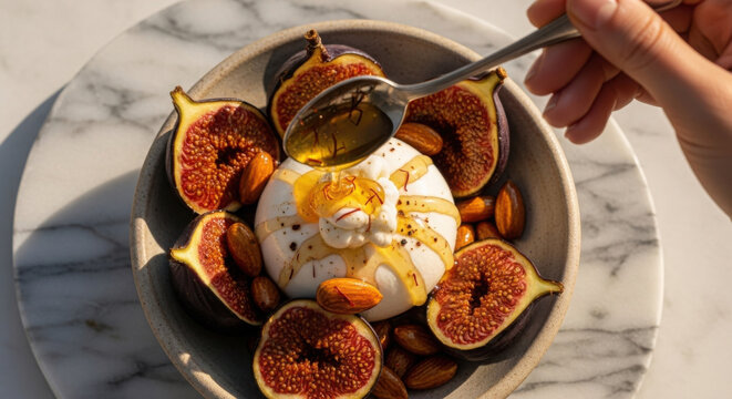 Delicious burrata cheese with figs and honey for a balanced dessert