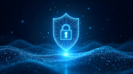 Cybersecurity data protection concept with glowing digital shield and padlock symbol, futuristic network security background, encrypted technology system, online privacy and cyber defense