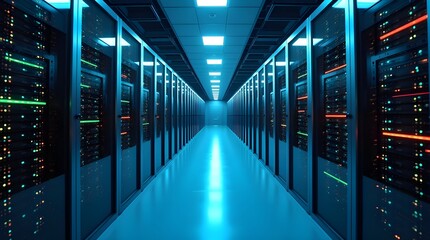 Futuristic data center with modern server racks and blue neon lighting, high-tech cloud storage network infrastructure, cybersecurity technology background, digital computing room