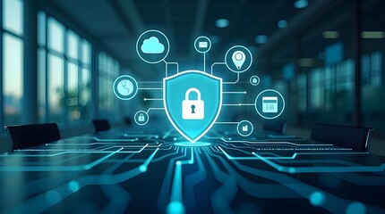 Corporate cybersecurity concept with glowing shield and lock, cloud and iot icons over conference table, network protection, data privacy, encryption, secure business operations