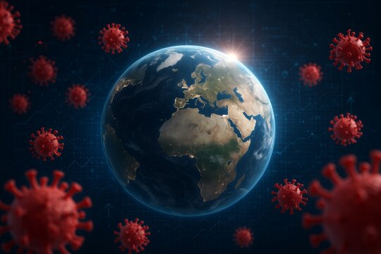 Planet Earth surrounded by virus particles against digital background highlighting global pandemic and disease transmission concept in scientific context. Ai generative