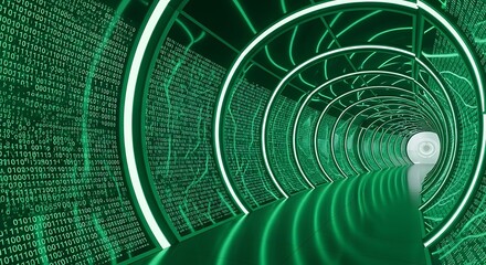 Futuristic Green Digital Tunnel with Binary Code and Glowing Lights.