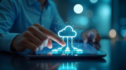 Businessman using digital tablet with glowing cloud computing icon, data transfer, futuristic technology, artificial intelligence, online storage, and network innovation concept