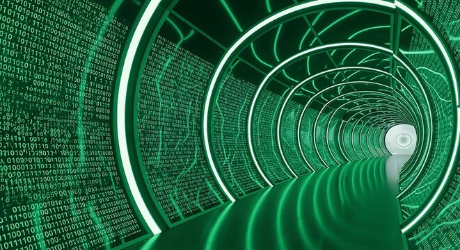 Futuristic Green Digital Tunnel with Binary Code and Glowing Lights.