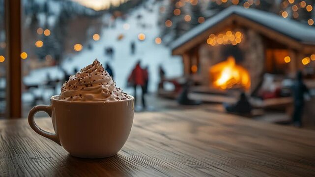 Cozy winter scene with cup of hot chocolate topped with whipped cream on wooden table, blurred background of snowy mountain resort, glowing lights, warm fireplace, comfort, holiday season, relaxation.