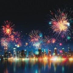 Elegant festive fireworks reflection on city river at night white background	