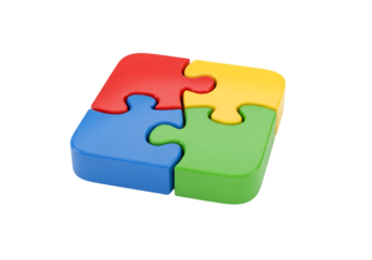 3d illustration of four colorful puzzle pieces interlocked together forming a square, isolated on transparent background on transparent background