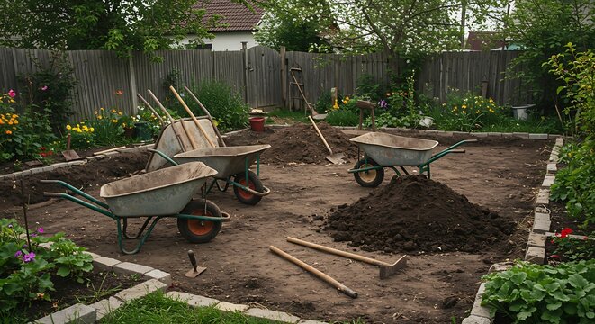 Garden Preparation - Wheelbarrows, Tools, and Soil Ready for Planting.