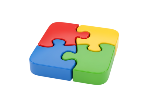 3d illustration of four colorful puzzle pieces interlocked together forming a square, isolated on transparent background on transparent background