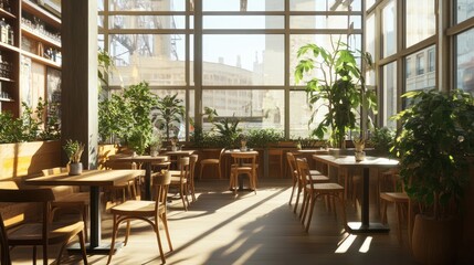 Obraz premium Indoor restaurant with large windows, urban view, plants, and wooden furniture