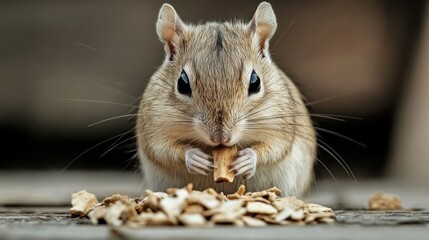 Chipmunk eating food on wood deck, blurred brown background. Stock image