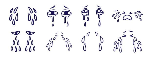 tears drop, eyes and tears doodle hand drawn icon set. Outline drawing line clipart symbol collection