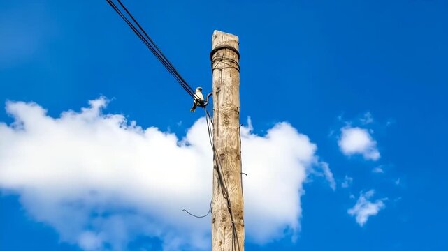 Power electric pole with line wire on colored background close up