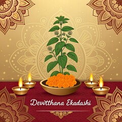 &ldquo;Shubh Tulsi Vivah&rdquo; "Devutthana Ekadashi"Golden and maroon-themed background with decorative mandala patterns, Tulsi plant in bright orange Vrindavan, surrounded by oil lamps and floral motifs. 