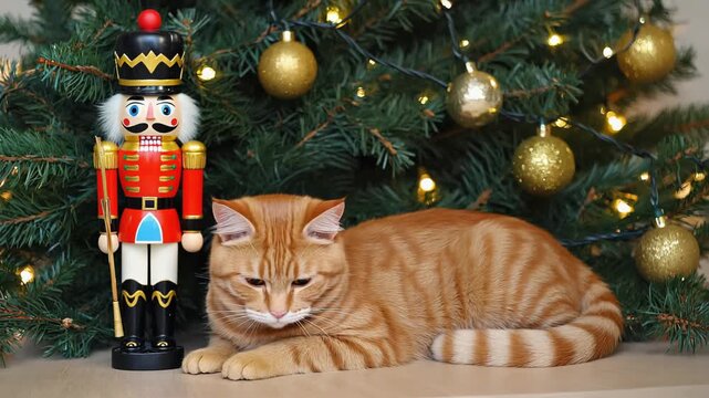 Cat beside a nutcracker decoration by a Christmas tree at home
