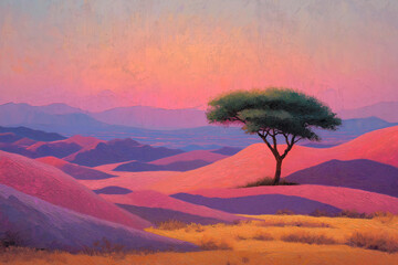 vintage oil painting of desert dunes at twilight with acacia tree and violet sky, muted warm tones, timeless desert landscape art, soft earthy color palette wall decor
