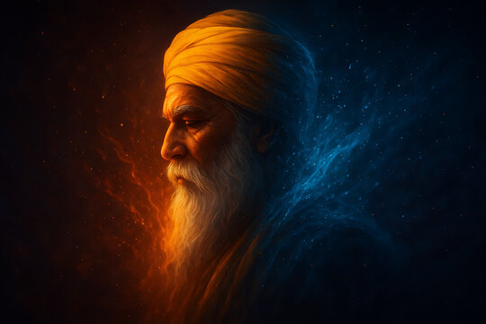 Guru nanak dev ji side profile in a dramatic, digital painting illuminated by glowing orange and blue cosmic light happy nanak jayanti