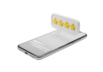 3d illustration of a modern smartphone displaying five yellow stars, symbolizing a perfect fivestar rating or excellent customer review, isolated on transparent background on transparent background