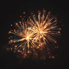 Obraz premium Fireworks bursting with glittering golden light on black background, new year party mood
