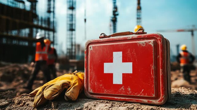 A red first aid kit with a white cross symbol and protective gloves placed on sandy soil at a construction site with blurred workers and scaffolding structures visible in the industrial background.