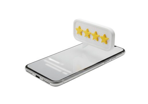 3d illustration of a modern smartphone displaying five yellow stars, symbolizing a perfect fivestar rating or excellent customer review, isolated on transparent background on transparent background