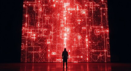 Silhouette Gazing at a Complex Red Digital Interface.
