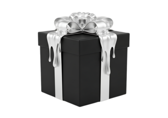 3d illustration of a black gift box with a silver ribbon and bow, isolated on transparent background on transparent background