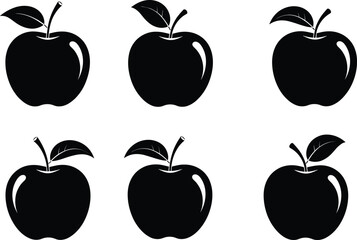 Apple silhouette vector set, black fruit icons with leaf variations, editable design elements, isolated on white background, healthy food illustration
