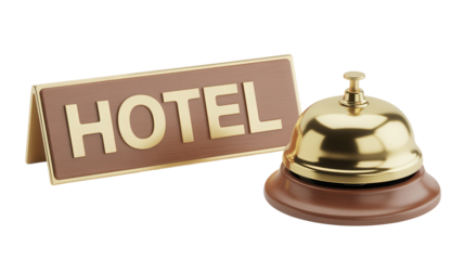 Vintage brass hotel reception bell and a wooden desk sign with the word hotel isolated on transparent background