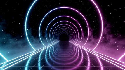 Obraz premium Neon circular tunnel with glowing rings and starry background. Copy space
