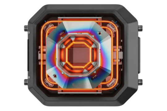 Top-down view of a futuristic computer processor cooler isolated with transparent background