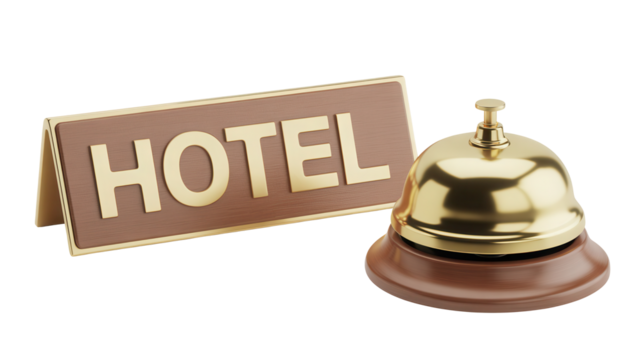 Vintage brass hotel reception bell and a wooden desk sign with the word hotel isolated on transparent background