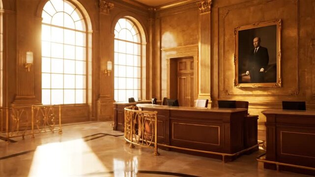 Ornate classical hall with sunlight streaming through large arched windows