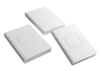 3d illustration of three plain white books arranged in a scattered formation on a transparent background, suggesting a collection of literature, knowledge, or study materials on transparent background